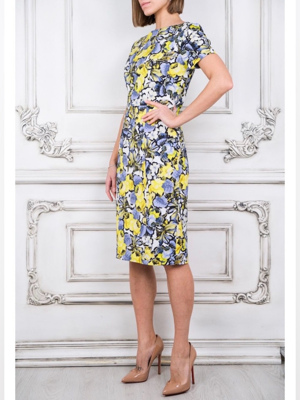 Erdem Luxury Royal’s Staly Blue And Yelow Floral Print Dress, Size- US 4 / UK 8